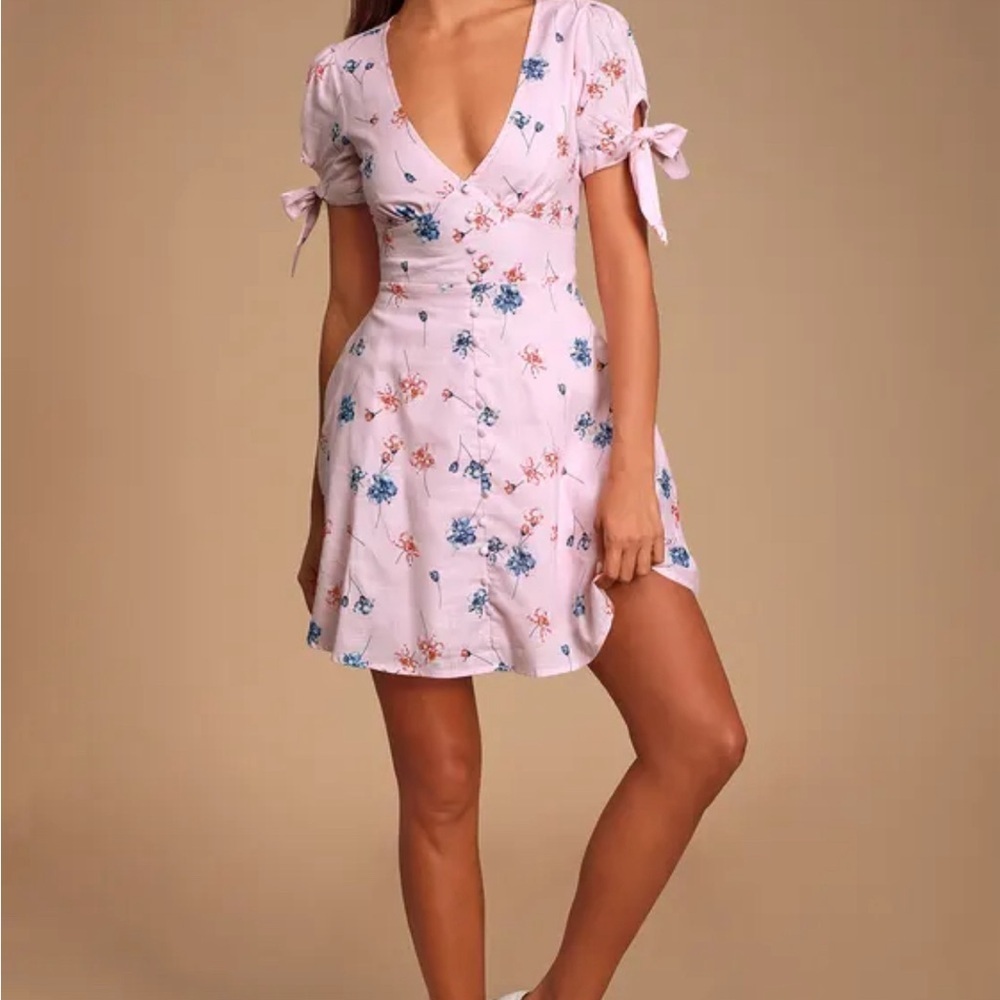 LULU'S Lilly Light Pink Floral Tie Sleeve Dress NWT S LG - Picture 7 of 15